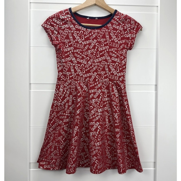 Guess Dress Girls Large Red All Over Logo Print Short Sleeve Casual Skater Style - Picture 1 of 6
